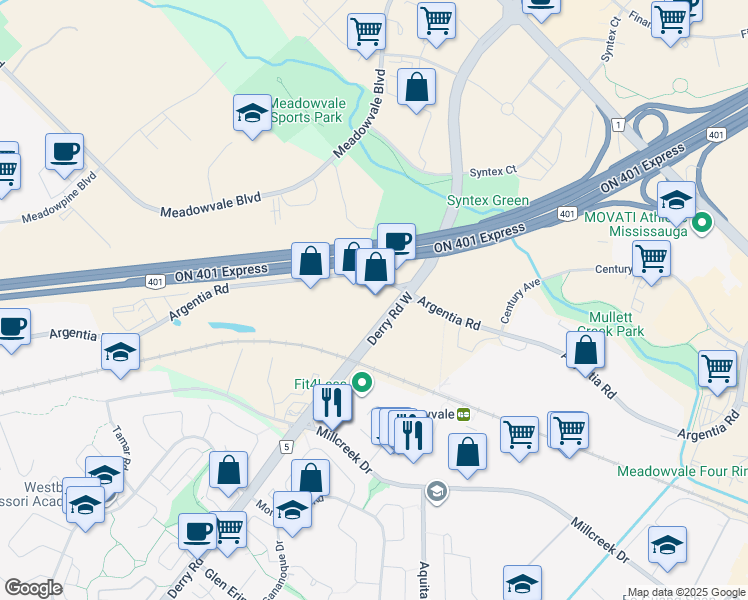 map of restaurants, bars, coffee shops, grocery stores, and more near 2550 Argentia Road in Mississauga