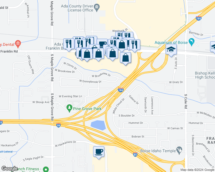 map of restaurants, bars, coffee shops, grocery stores, and more near 8356 West Mornin Mist Court in Boise
