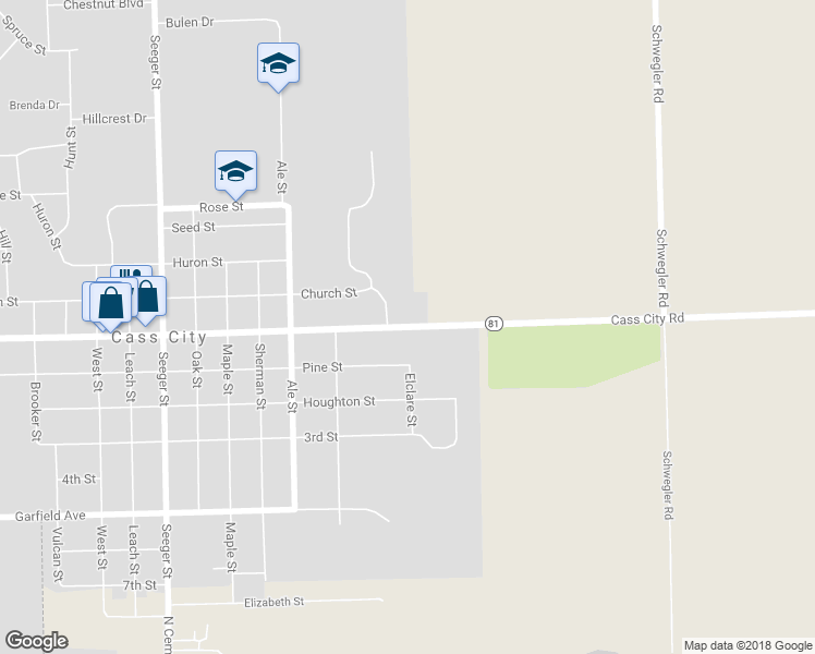 map of restaurants, bars, coffee shops, grocery stores, and more near Cass City Road in Cass City