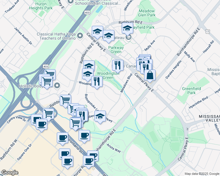 map of restaurants, bars, coffee shops, grocery stores, and more near Woodington Drive in Mississauga