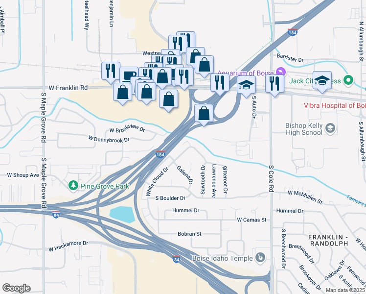 map of restaurants, bars, coffee shops, grocery stores, and more near 525 Bighorn Drive in Boise