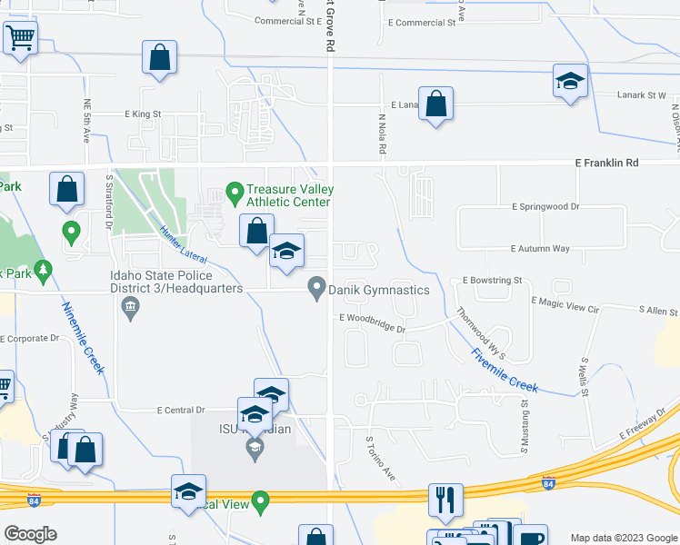 map of restaurants, bars, coffee shops, grocery stores, and more near 401 South Truss Avenue in Meridian