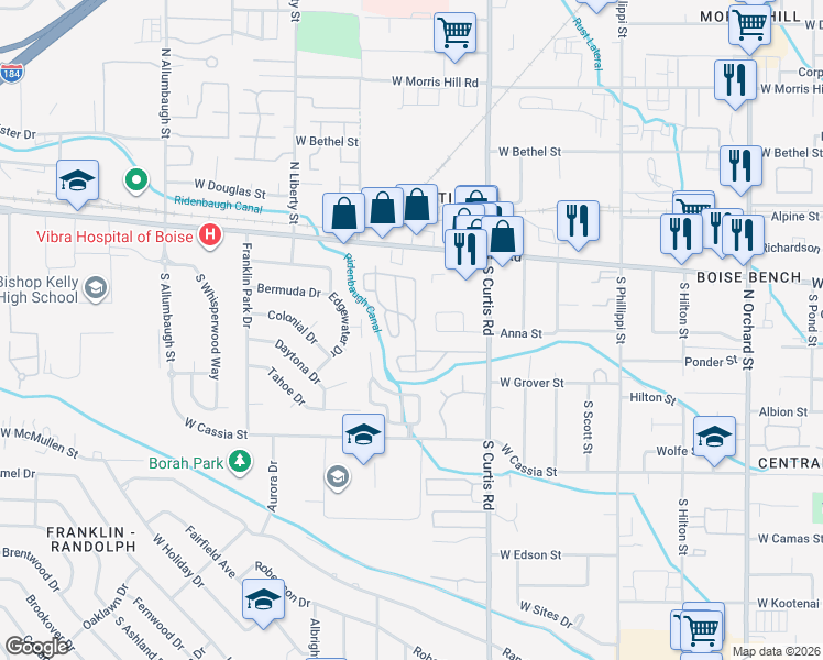 map of restaurants, bars, coffee shops, grocery stores, and more near 421 South Curtis Road in Boise