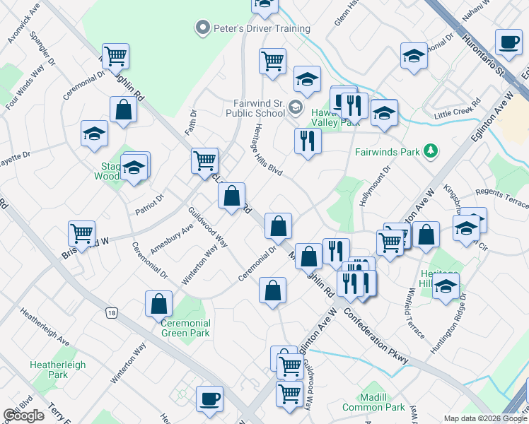 map of restaurants, bars, coffee shops, grocery stores, and more near 5211 Micmac Crescent in Mississauga