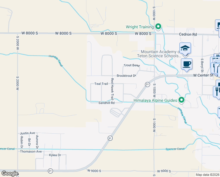 map of restaurants, bars, coffee shops, grocery stores, and more near 1 Red Hawk Trail in Victor