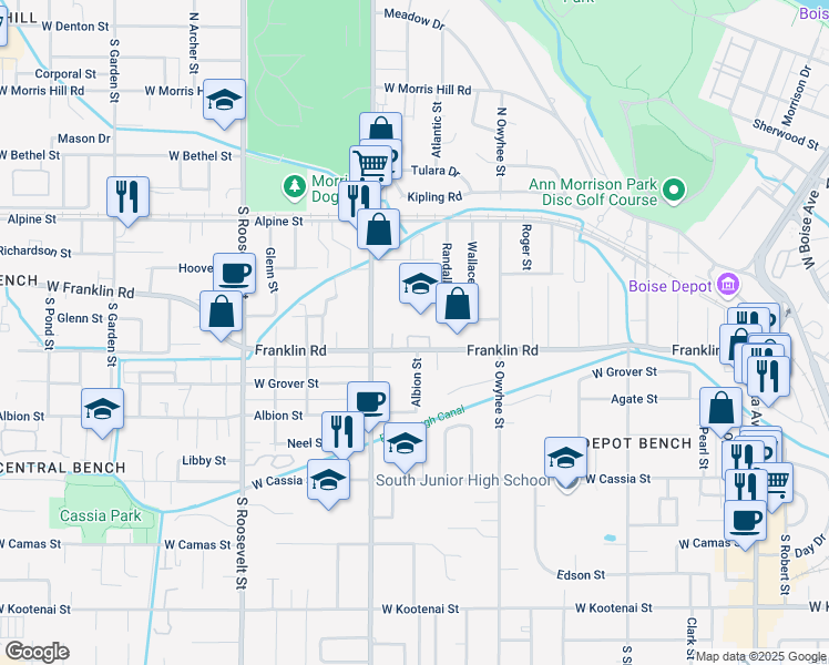 map of restaurants, bars, coffee shops, grocery stores, and more near 3705 Rose Hill Street in Boise
