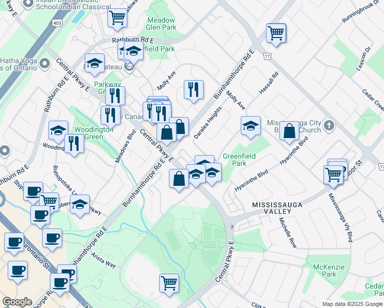 map of restaurants, bars, coffee shops, grocery stores, and more near 1180 Mississauga Valley Boulevard in Mississauga