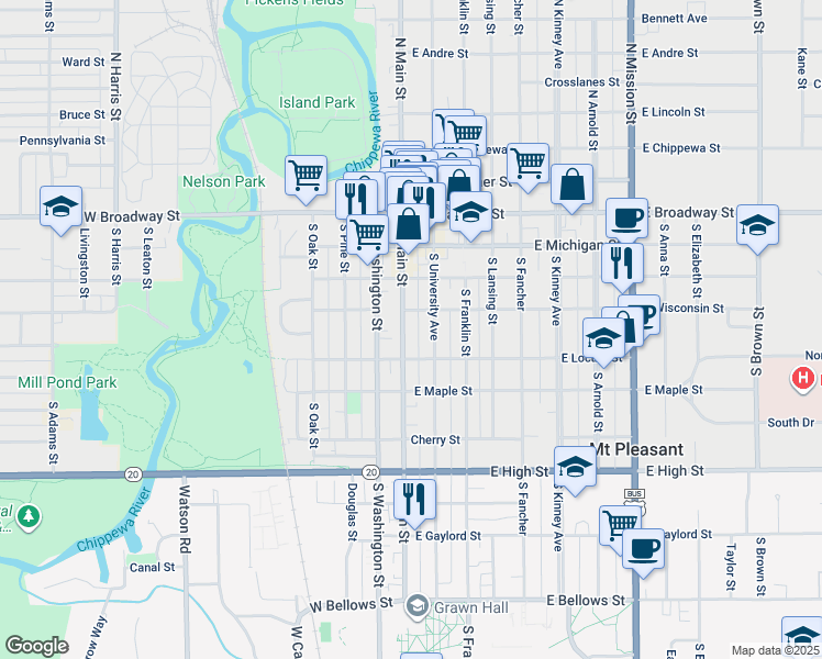 map of restaurants, bars, coffee shops, grocery stores, and more near 430 South Main Street in Mount Pleasant