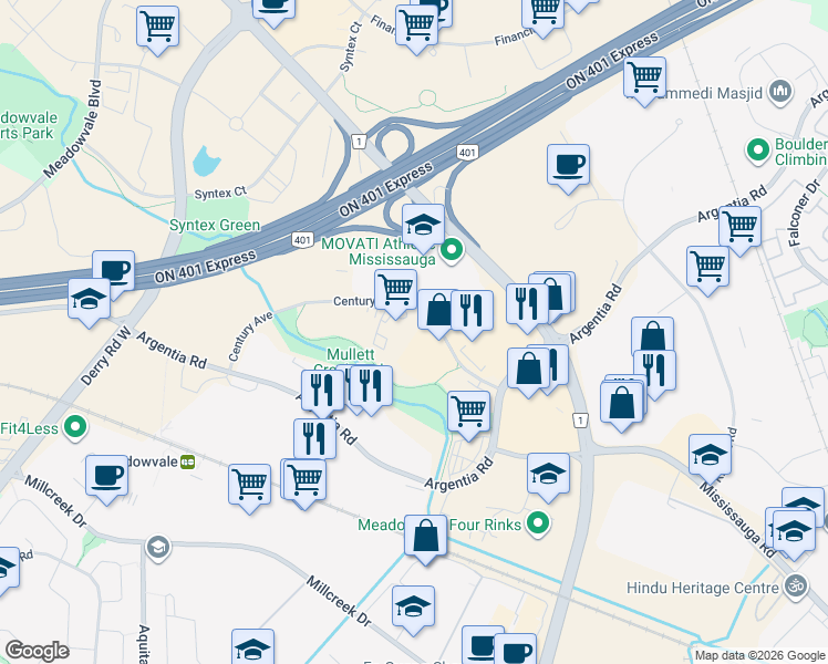 map of restaurants, bars, coffee shops, grocery stores, and more near 6790 Century Avenue in Mississauga