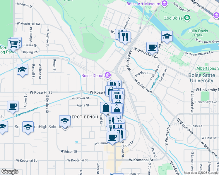 map of restaurants, bars, coffee shops, grocery stores, and more near 2617 Rose Hill Street in Boise