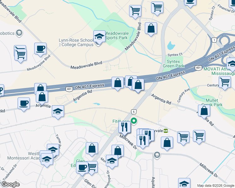 map of restaurants, bars, coffee shops, grocery stores, and more near 2640 Argentia Road in Mississauga