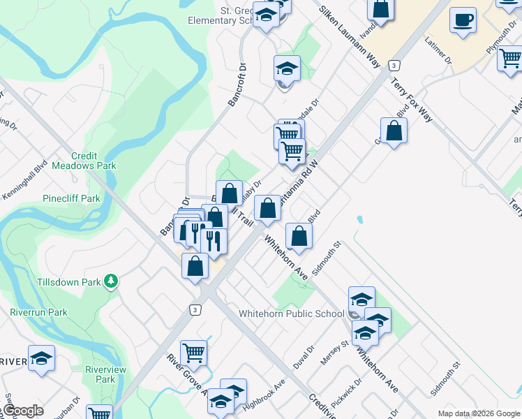 map of restaurants, bars, coffee shops, grocery stores, and more near 6035 Bidwell Trail in Mississauga