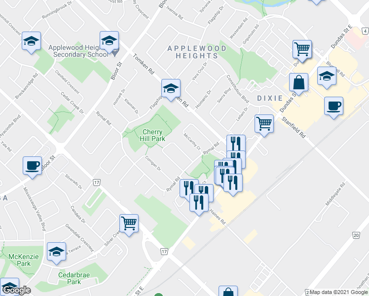 map of restaurants, bars, coffee shops, grocery stores, and more near 3125 Lednier Terrace in Mississauga