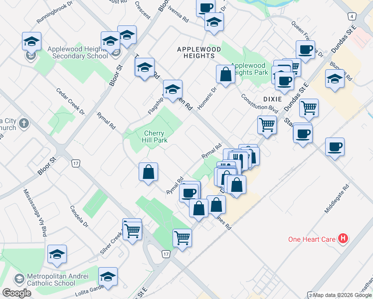 map of restaurants, bars, coffee shops, grocery stores, and more near 3125 Lednier Terrace in Mississauga