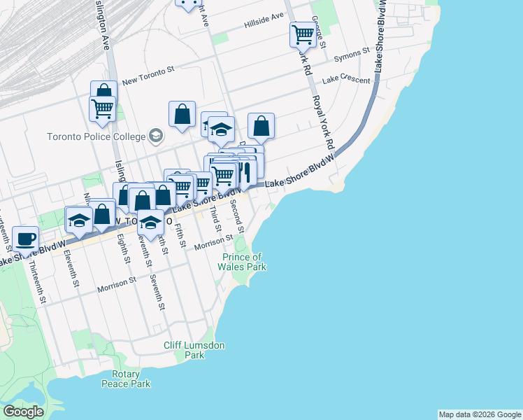 map of restaurants, bars, coffee shops, grocery stores, and more near 1 Lake Shore Drive in Toronto