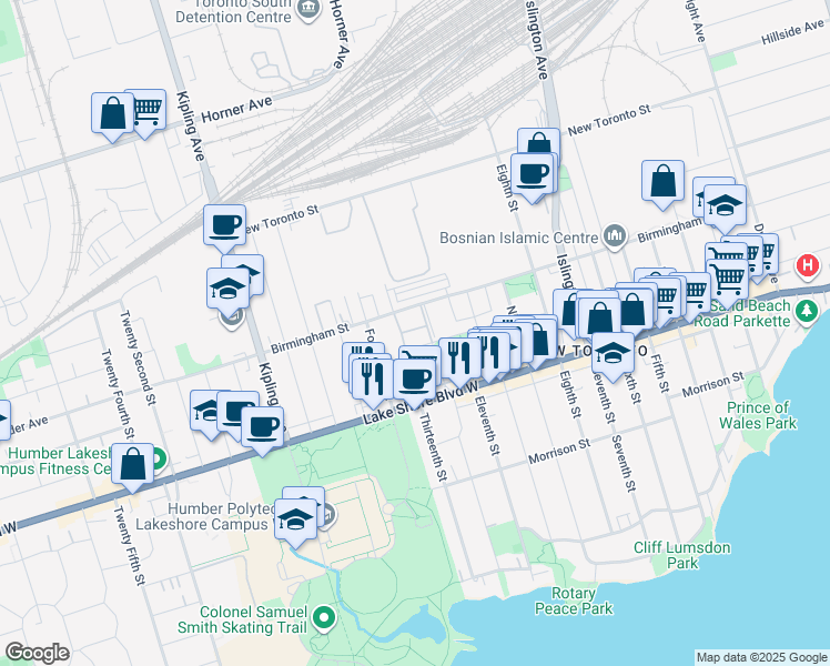 map of restaurants, bars, coffee shops, grocery stores, and more near 225 Birmingham Street in Toronto