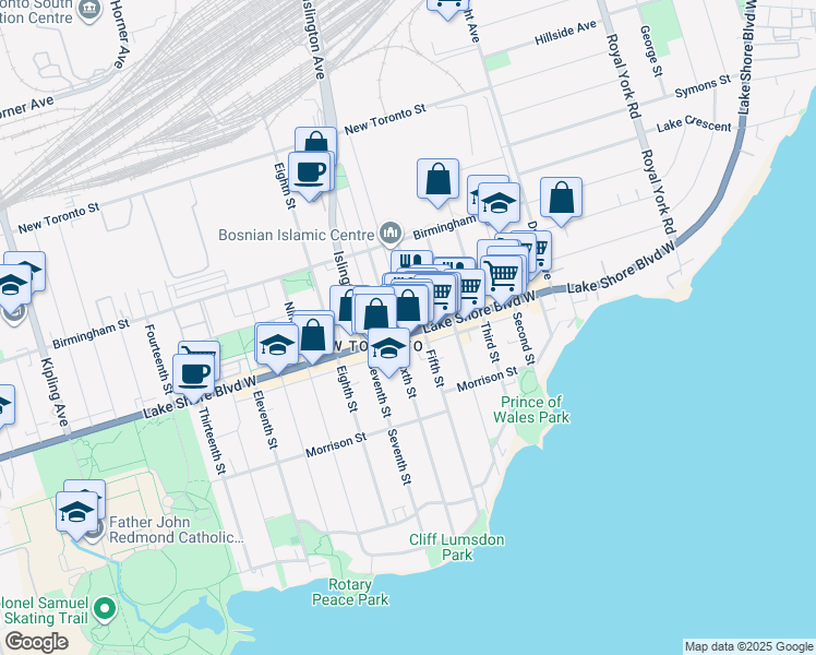 map of restaurants, bars, coffee shops, grocery stores, and more near 2880 Lake Shore Boulevard West in Toronto