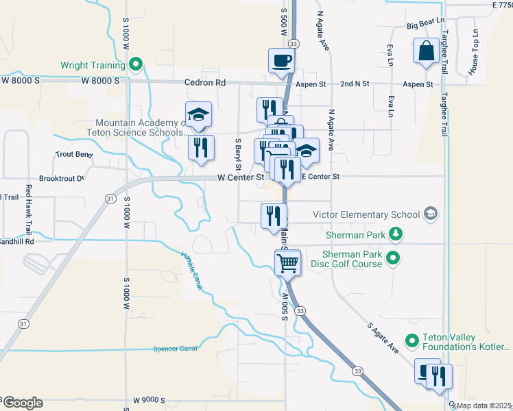 map of restaurants, bars, coffee shops, grocery stores, and more near 38 West Center in Victor