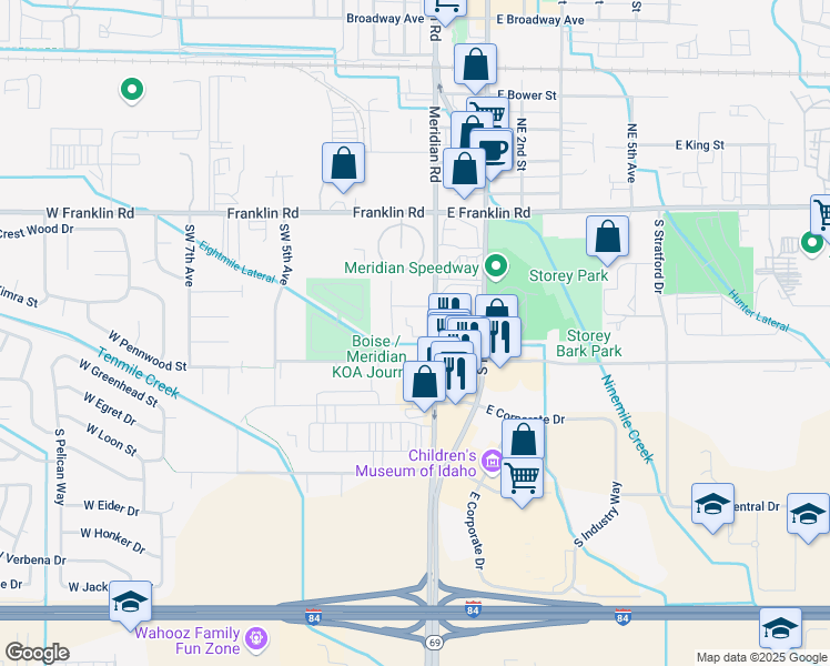 map of restaurants, bars, coffee shops, grocery stores, and more near 305 South Meridian Road in Meridian