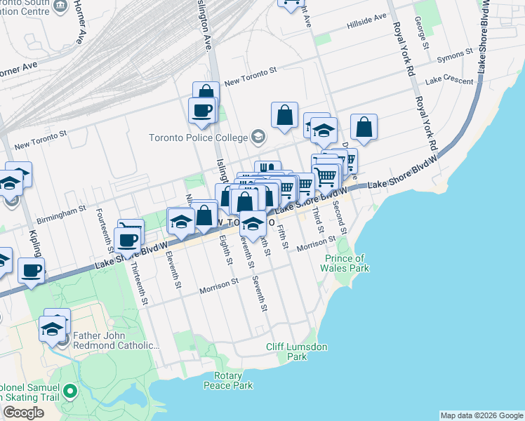 map of restaurants, bars, coffee shops, grocery stores, and more near 2886 Lake Shore Boulevard West in Toronto