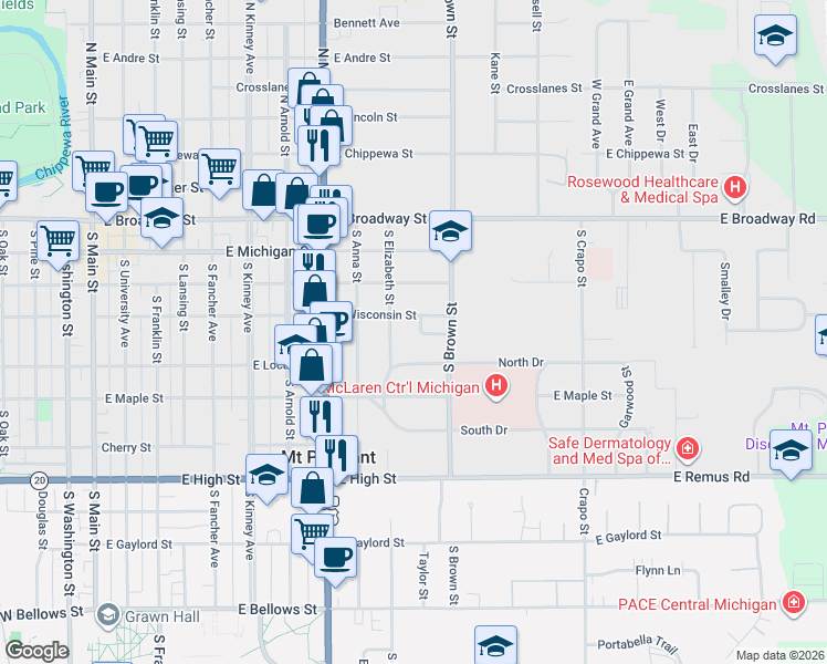map of restaurants, bars, coffee shops, grocery stores, and more near 314 South Brown Street in Mount Pleasant