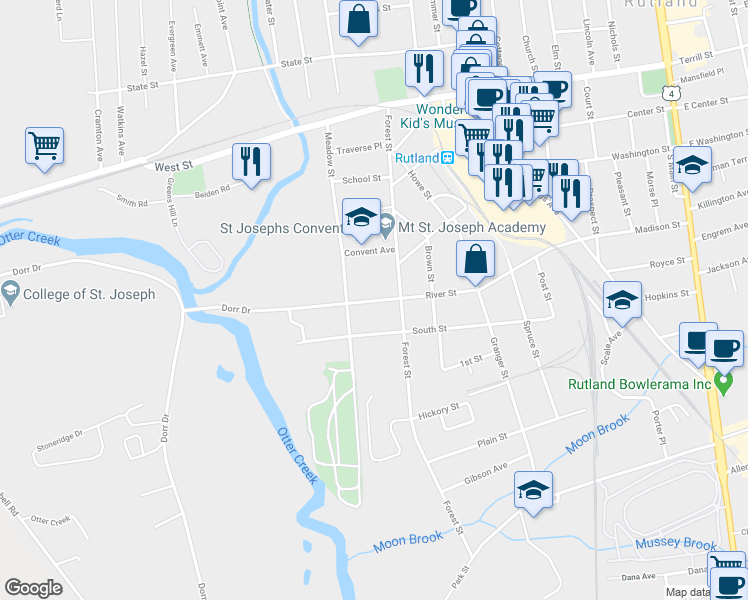 map of restaurants, bars, coffee shops, grocery stores, and more near River Street in Rutland