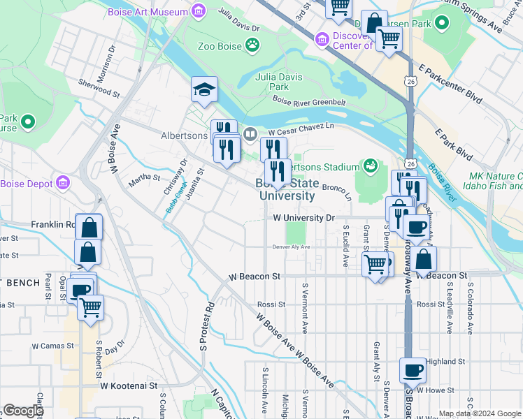 map of restaurants, bars, coffee shops, grocery stores, and more near 1801 West University Drive in Boise