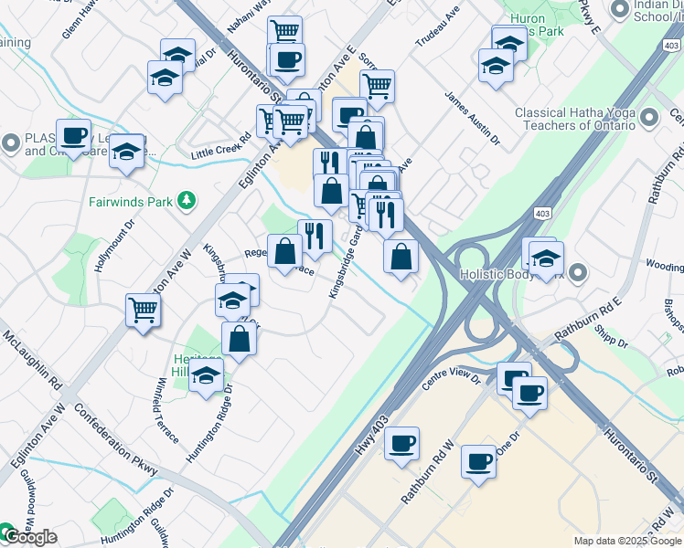 map of restaurants, bars, coffee shops, grocery stores, and more near Kingsbridge Garden Circle in Mississauga