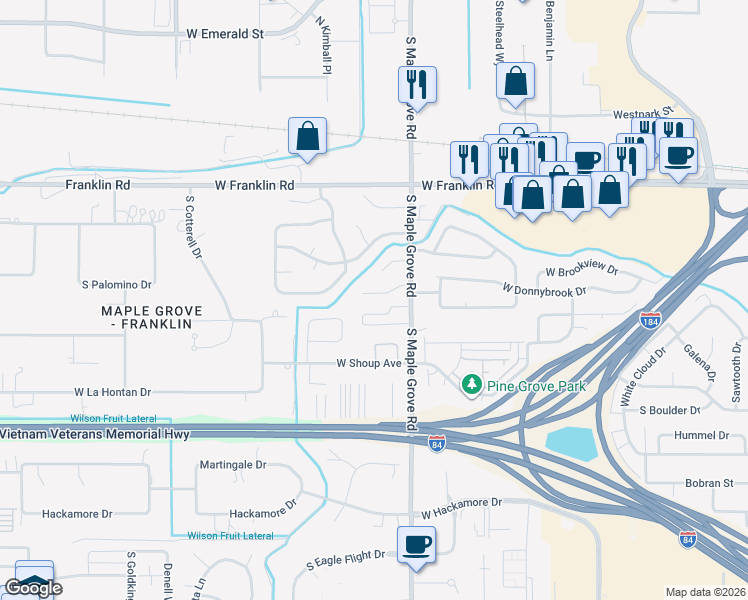 map of restaurants, bars, coffee shops, grocery stores, and more near 9103 Donnybrook Court in Boise