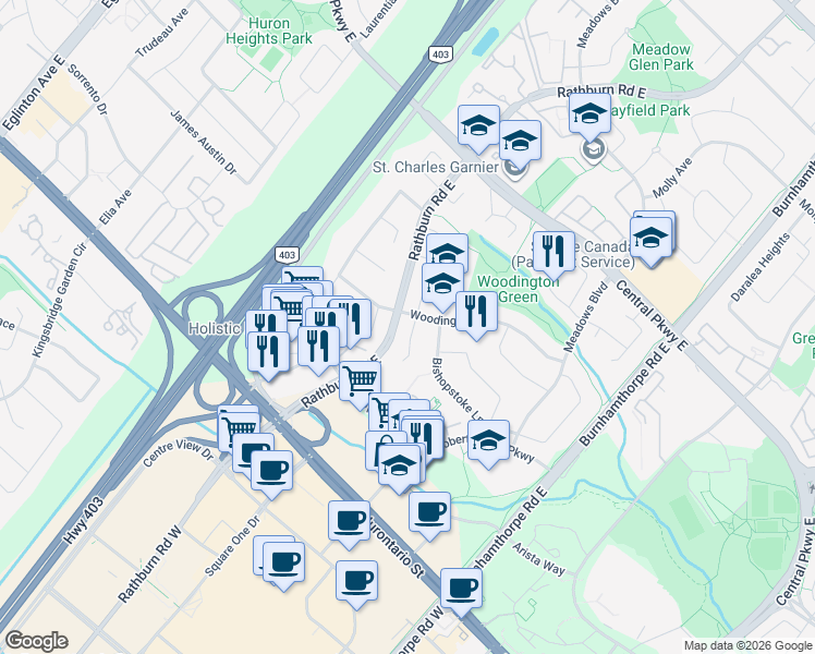 map of restaurants, bars, coffee shops, grocery stores, and more near 161 Ashridge Court in Mississauga