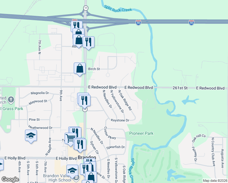 map of restaurants, bars, coffee shops, grocery stores, and more near 1504 East Redwood Boulevard in Brandon