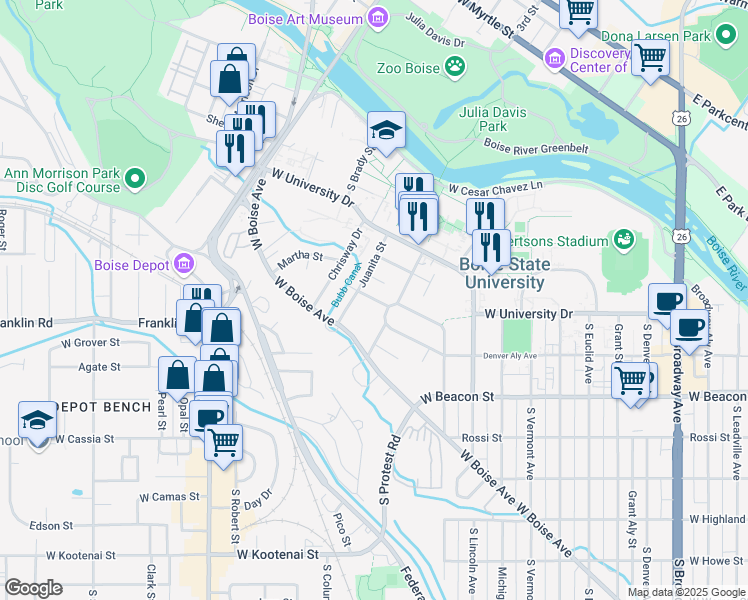 map of restaurants, bars, coffee shops, grocery stores, and more near 1923 Verna Lane in Boise