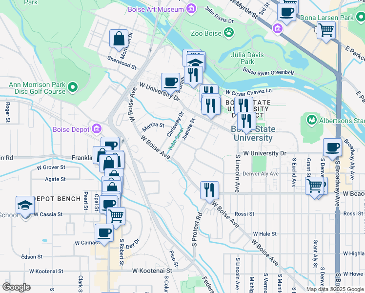 map of restaurants, bars, coffee shops, grocery stores, and more near 1923 Verna Lane in Boise
