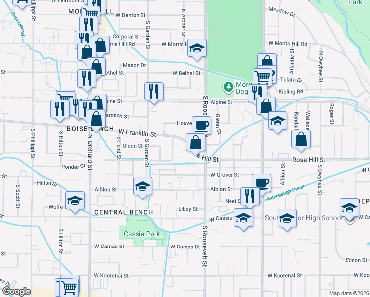 map of restaurants, bars, coffee shops, grocery stores, and more near 4346 W Rose Hill Street in Boise