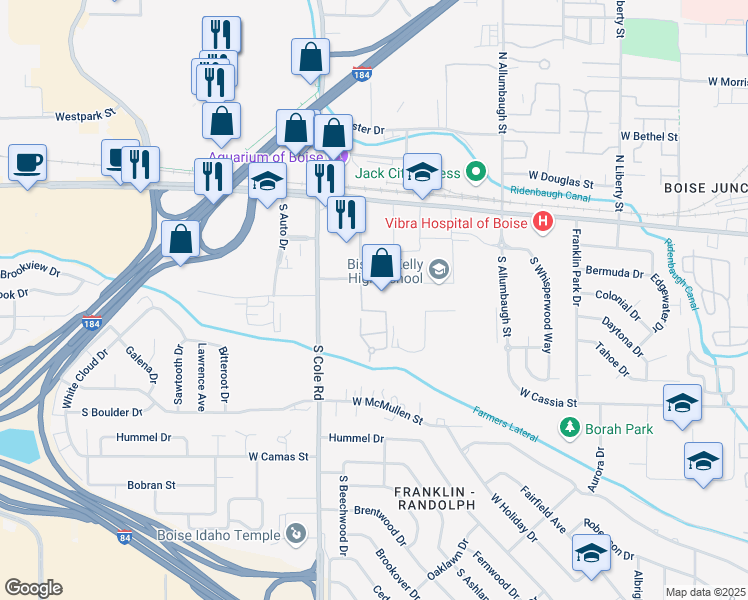 map of restaurants, bars, coffee shops, grocery stores, and more near 234 South Cole Road in Boise