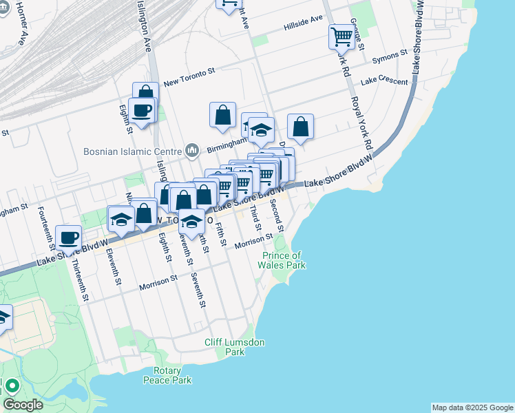 map of restaurants, bars, coffee shops, grocery stores, and more near 2765 Lake Shore Boulevard West in Toronto