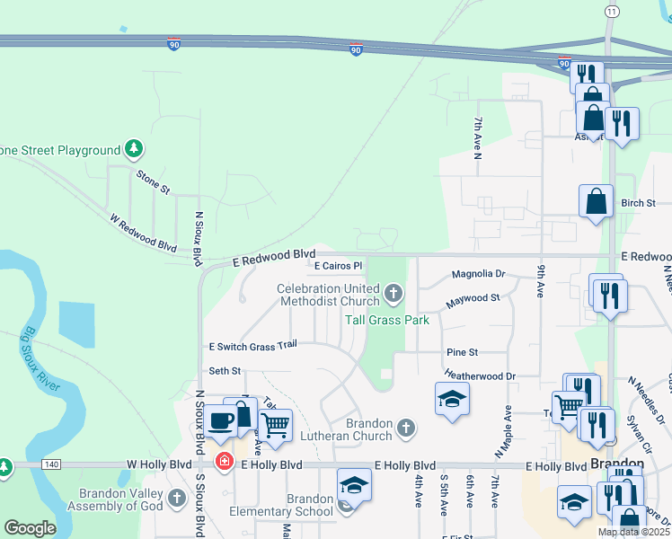 map of restaurants, bars, coffee shops, grocery stores, and more near 400 East Redwood Boulevard in Brandon