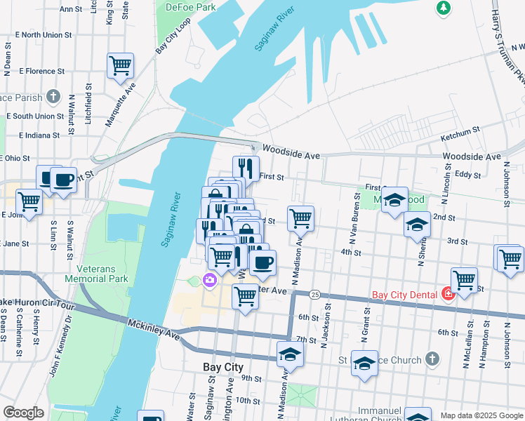 map of restaurants, bars, coffee shops, grocery stores, and more near 479-491 2nd Street in Bay City