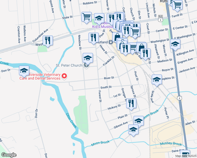 map of restaurants, bars, coffee shops, grocery stores, and more near River Street in Rutland