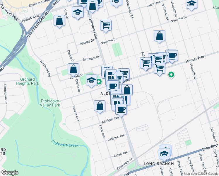 map of restaurants, bars, coffee shops, grocery stores, and more near 408 Browns Line in Toronto