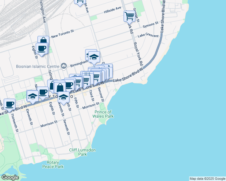 map of restaurants, bars, coffee shops, grocery stores, and more near 16 Nautical Lane in Toronto