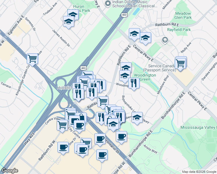 map of restaurants, bars, coffee shops, grocery stores, and more near 35 Chalfield Lane in Mississauga