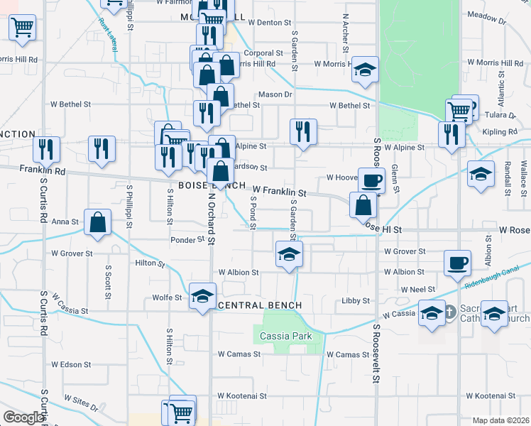 map of restaurants, bars, coffee shops, grocery stores, and more near 214 South Pond Street in Boise