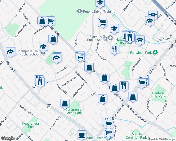 map of restaurants, bars, coffee shops, grocery stores, and more near 5255 Guildwood Way in Mississauga