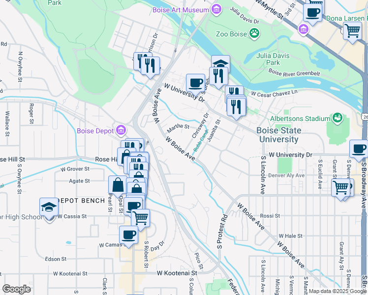 map of restaurants, bars, coffee shops, grocery stores, and more near 1516 Martha Circle in Boise