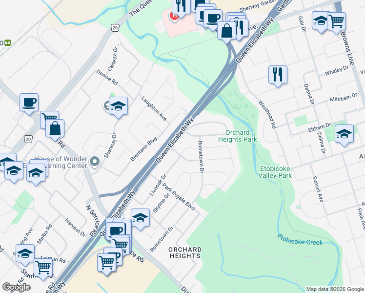 map of restaurants, bars, coffee shops, grocery stores, and more near 1579 Liveoak Drive in Mississauga