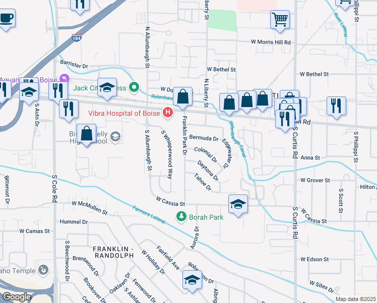 map of restaurants, bars, coffee shops, grocery stores, and more near 217 Franklin Park Drive in Boise