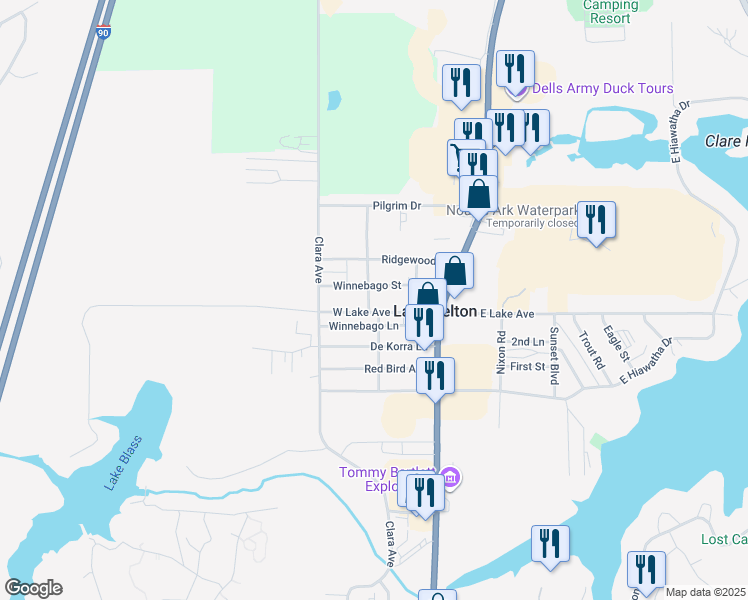 map of restaurants, bars, coffee shops, grocery stores, and more near 1016 Elizabeth Road in Wisconsin Dells