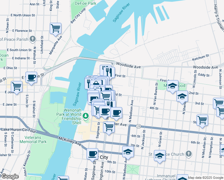 map of restaurants, bars, coffee shops, grocery stores, and more near 1115 2nd Street in Bay City