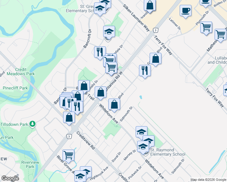 map of restaurants, bars, coffee shops, grocery stores, and more near 5942 Saigon Street in Mississauga